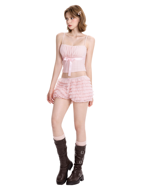 Delicate chiffon ruffle shorts in rose pink by Angel Ruche, photo 3