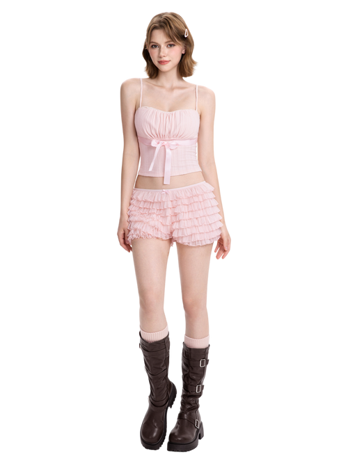 Delicate chiffon ruffle shorts in rose pink by Angel Ruche, photo 2