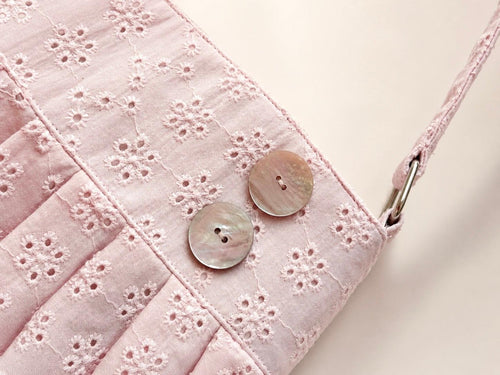 Coquette eyelet shell button bag in pink by Angel Ruche, photo 6