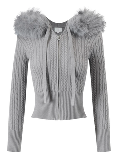 Fur trim Cozy Cloud cable knit cardigan in grey, cozy knitwear by Angel Ruche
