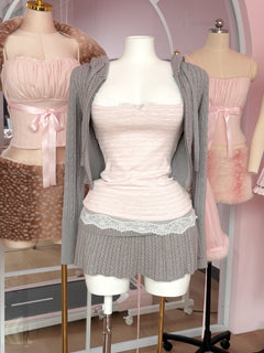Muse cotton reversible lace cami in pink and grey stripe by Angel Ruche, photo 11