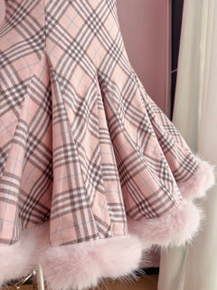 Sugarplum Plaid Hourglass Fur Trim Dress+ Petticoat (Pink)