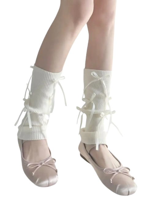 Bows leg warmers in white, balletcore accessory by Angel Ruche