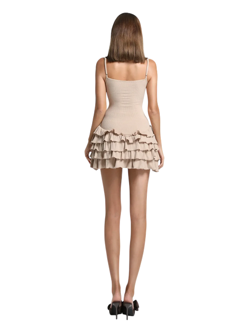 Serafina ruffle mini dress set in beige by Angel Ruche, photo 4