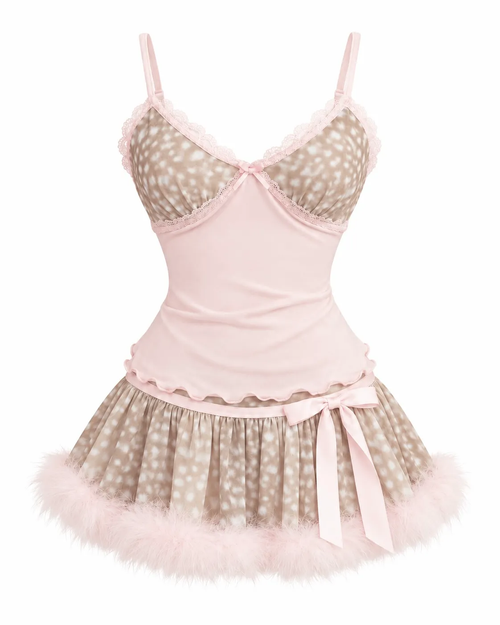 Snow Deer Print Chiffon Fur Mini Skirt(Brown)--public pre-order :11.27