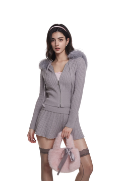 Fur trim Cozy Cloud cable knit cardigan in grey by Angel Ruche, photo 2