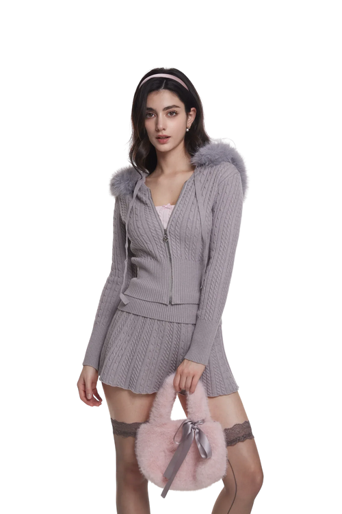 Fur trim Cozy Cloud cable knit cardigan in grey by Angel Ruche, photo 2