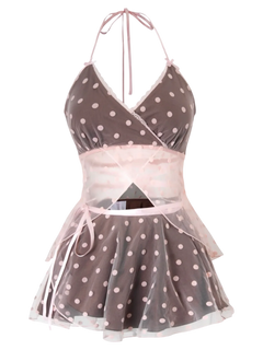 Maison Polka babydoll wrap set in pink and brown polka dot, coquette outfit by Angel Ruche