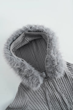 Fur trim Cozy Cloud cable knit cardigan in grey by Angel Ruche, photo 6