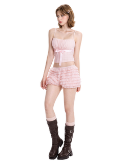 Delicate chiffon ruffle shorts in rose pink by Angel Ruche, photo 3