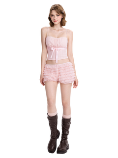 Delicate chiffon ruffle shorts in rose pink by Angel Ruche, photo 2