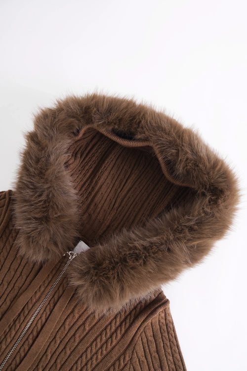 Fur trim Mocha cable knit zip up cardigan in brown by Angel Ruche, photo 16