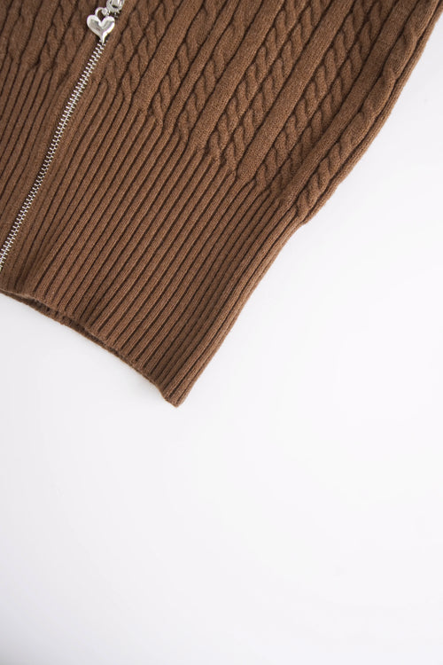 Fur trim Mocha cable knit zip up cardigan in brown by Angel Ruche, photo 15