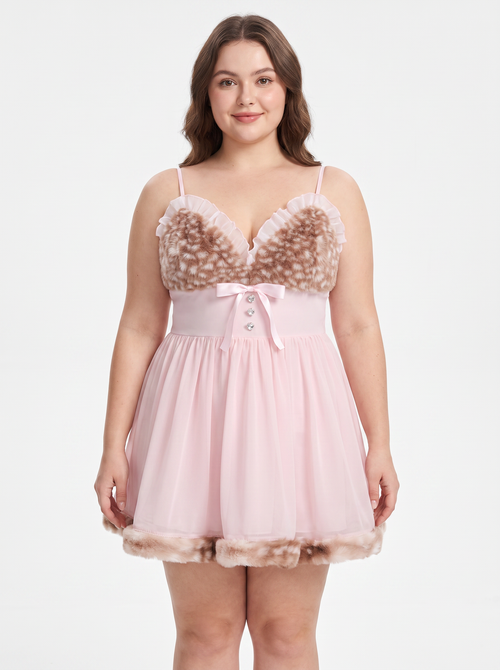 Bambi Princess Fur Chiffon Babydoll Dress (Pink)