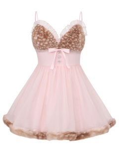 Bambi Princess fur trim chiffon babydoll dress in pink, dollette aesthetic by Angel Ruche