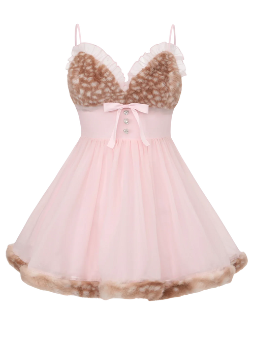 Bambi Princess fur trim chiffon babydoll dress in pink, dollette aesthetic by Angel Ruche