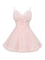 Rosé Princess fur trim chiffon babydoll dress in pink, balletcore dress by Angel Ruche