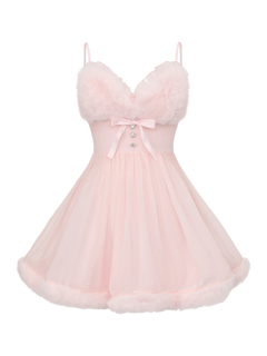 Rosé Princess fur trim chiffon babydoll dress in pink, balletcore dress by Angel Ruche