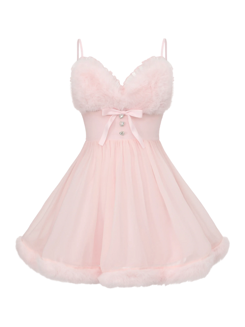 Rosé Princess fur trim chiffon babydoll dress in pink, balletcore dress by Angel Ruche