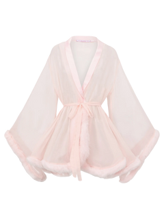 Rosé Princess fur trim chiffon robe in pink, coquette loungewear by Angel Ruche