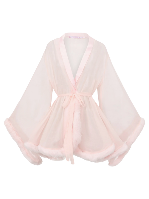Rosé Princess fur trim chiffon robe in pink, coquette loungewear by Angel Ruche