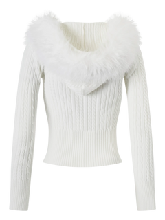 Fur trim Marshmallow cable knit cardigan in white by Angel Ruche, photo 3