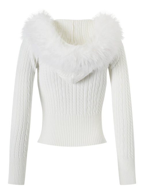 Fur trim Marshmallow cable knit cardigan in white by Angel Ruche, photo 3
