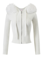 Fur trim Marshmallow cable knit cardigan in white, cozy knitwear by Angel Ruche