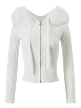 Fur Trim Marshmallow Cable Knit Cardigan (White)