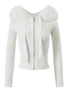 Fur trim Marshmallow cable knit cardigan in white, cozy knitwear by Angel Ruche