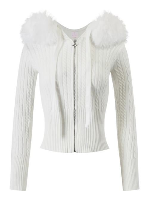 Fur trim Marshmallow cable knit cardigan in white, cozy knitwear by Angel Ruche