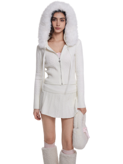 Fur trim Marshmallow cable knit cardigan in white by Angel Ruche, photo 12