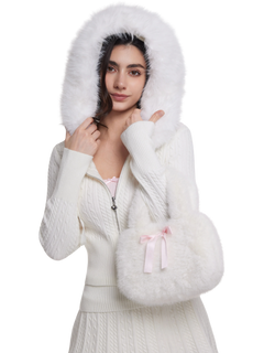 Fur trim Marshmallow cable knit cardigan in white by Angel Ruche, photo 11