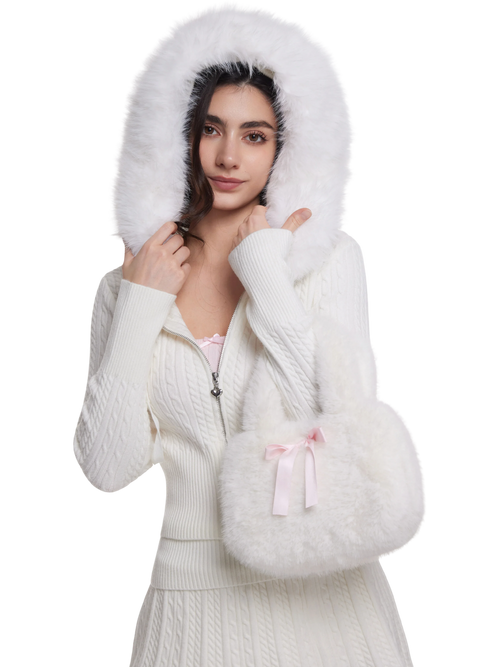 Fur trim Marshmallow cable knit cardigan in white by Angel Ruche, photo 11