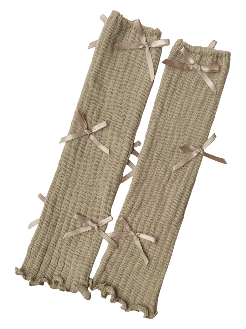 Layered bow leg warmers in beige, balletcore accessory by Angel Ruche