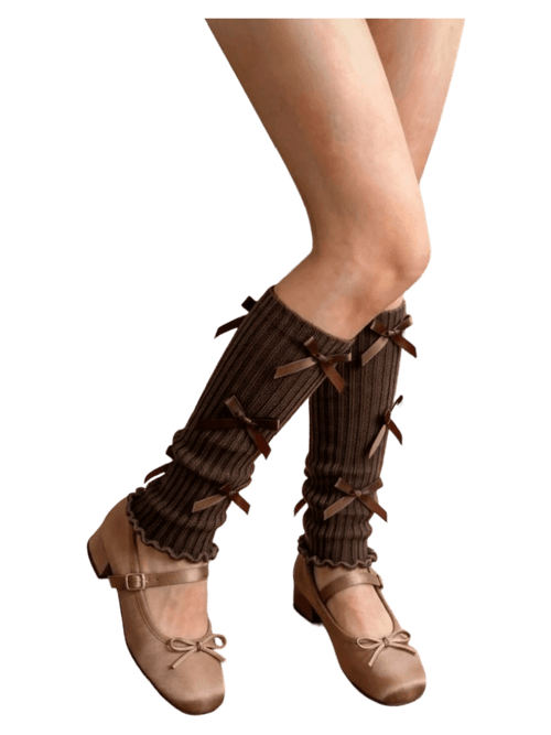 Layered bow leg warmers in brown by Angel Ruche, photo 2