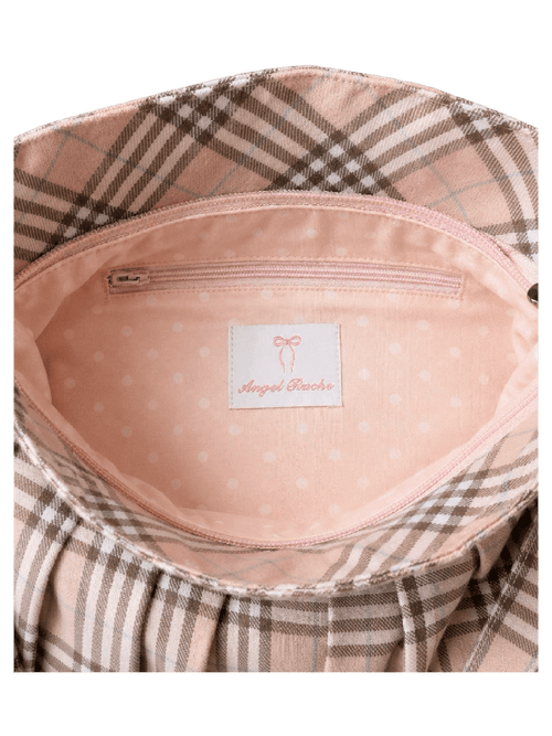 Girly Plaid pleated button bag in pink by Angel Ruche, photo 5