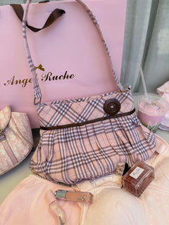 Girly Plaid pleated button bag in pink by Angel Ruche, photo 3