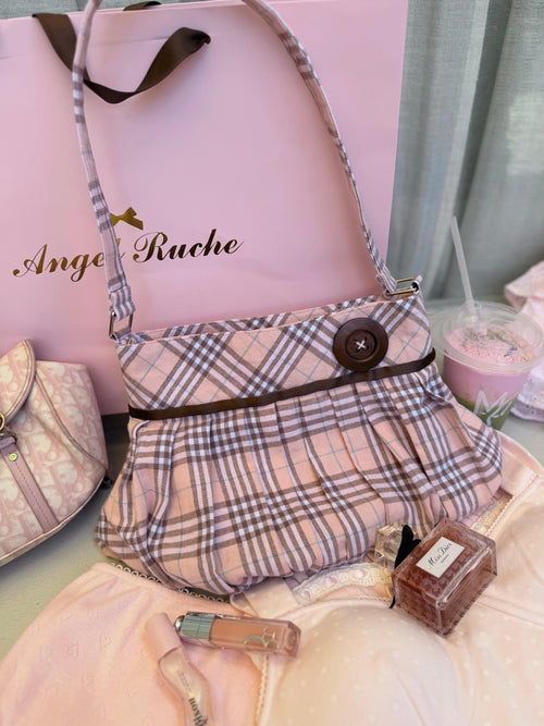 Girly Plaid pleated button bag in pink by Angel Ruche, photo 3