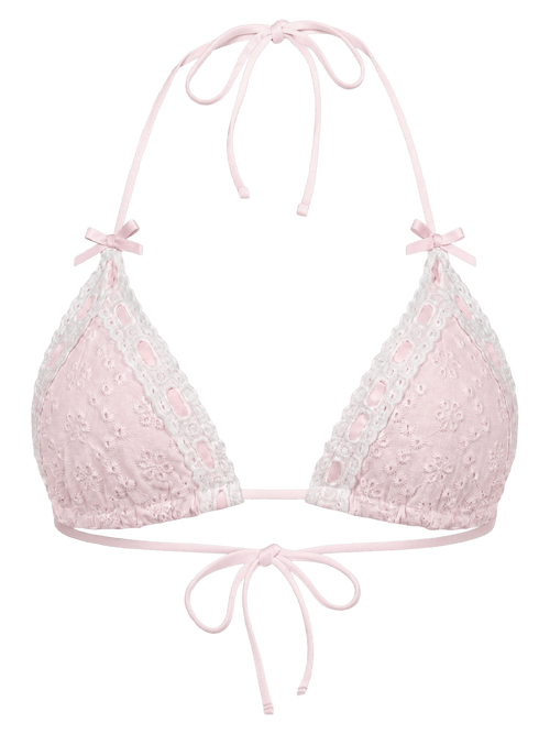 Coquette cotton eyelet bikini top in pink, coquette swimwear by Angel Ruche