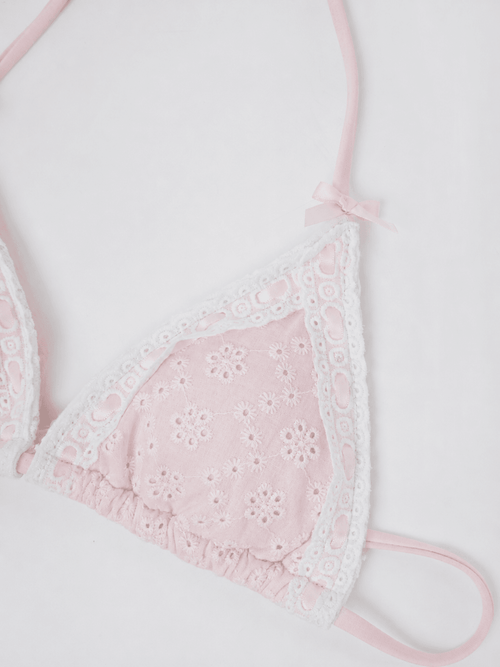 Coquette cotton eyelet bikini top in pink by Angel Ruche, photo 18