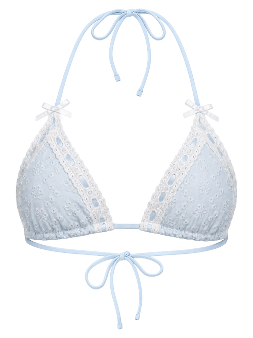 Coquette cotton eyelet bikini top in baby blue, coquette swimwear by Angel Ruche