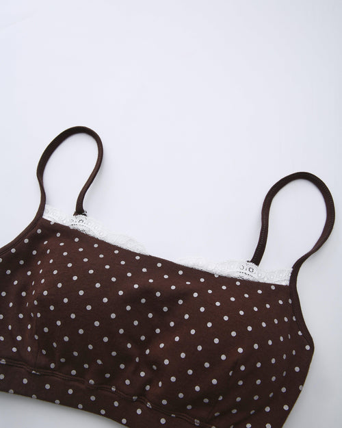 Whimsy Doll polka dot active bralette in brown by Angel Ruche, photo 18