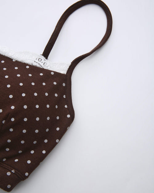 Whimsy Doll polka dot active bralette in brown by Angel Ruche, photo 20