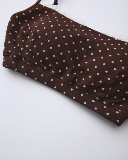 Whimsy Doll polka dot active bralette in brown by Angel Ruche, photo 21