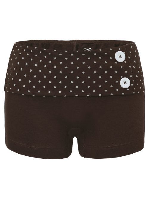 Whimsy Doll cotton polka dot fold over shorts in brown, coquette activewear by Angel Ruche