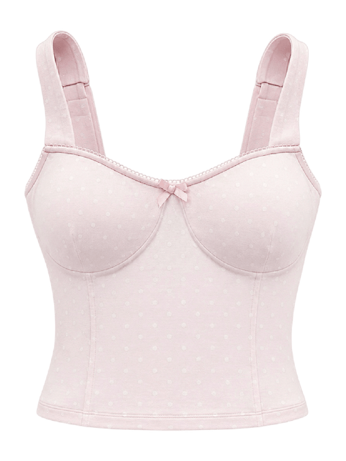 Whimsy Doll cotton active top in white polka dot, coquette activewear by Angel Ruche