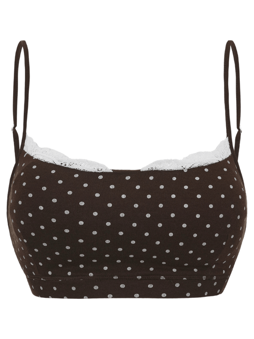 Whimsy Doll cotton polka dot active bralette in brown, coquette activewear by Angel Ruche