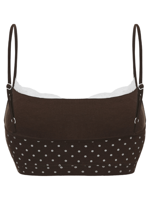 Whimsy Doll polka dot active bralette in brown by Angel Ruche, photo 17