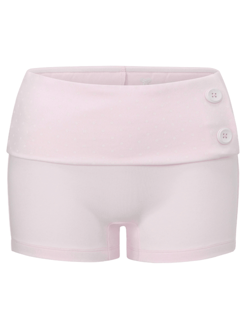 Whimsy Doll cotton polka dot fold over shorts in pink, coquette activewear by Angel Ruche